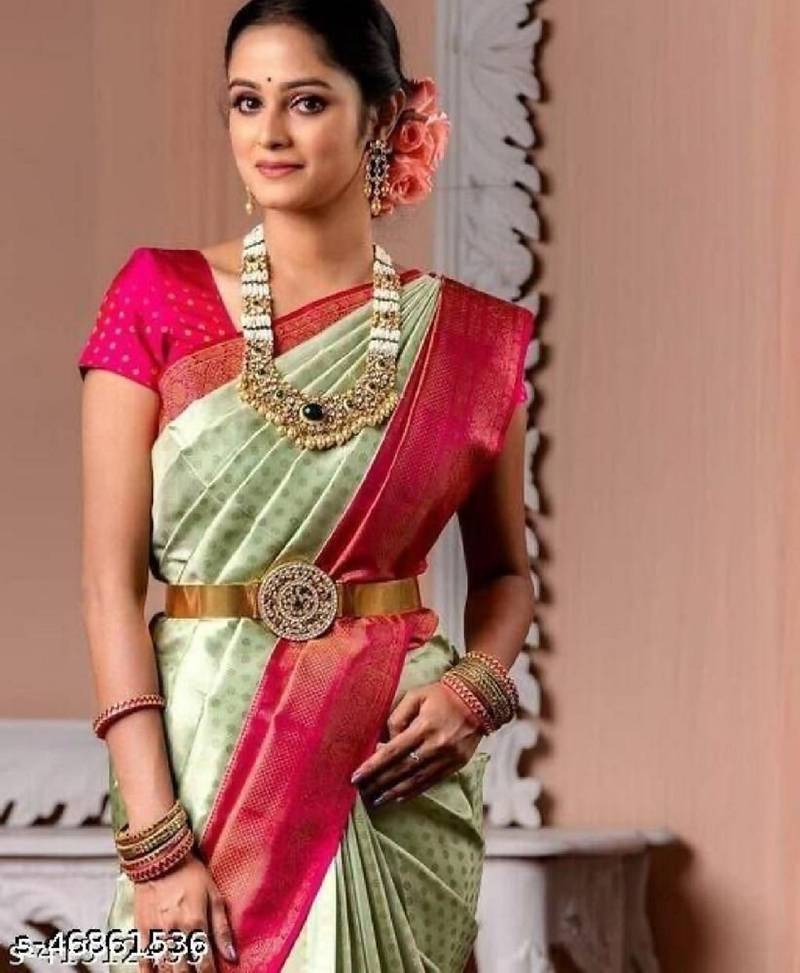Light green pink soft silk blend banarasi jacuard work designer party wear saree with unstitched blouse piece