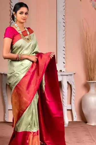 Light green pink silk blend banarasi saree with unstitched blouse piece