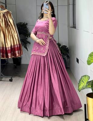Onion Color Plain With Embroidery Top Chinon Lehenga Fully Stitched fancy Sets 3