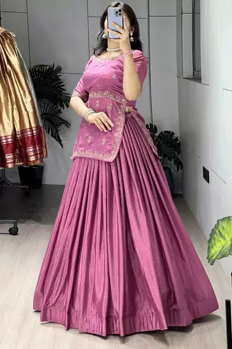 Onion Color Plain With Embroidery Top Chinon Lehenga Fully Stitched fancy Sets