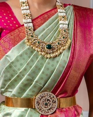 Light green pink silk blend banarasi saree with unstitched blouse piece 4