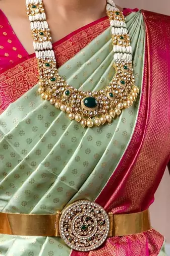 Light green pink silk blend banarasi saree with unstitched blouse piece