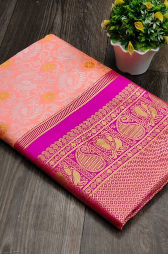 Pink soft silk blend banarasi jacuard work designer party wear saree with unstitched blouse piece