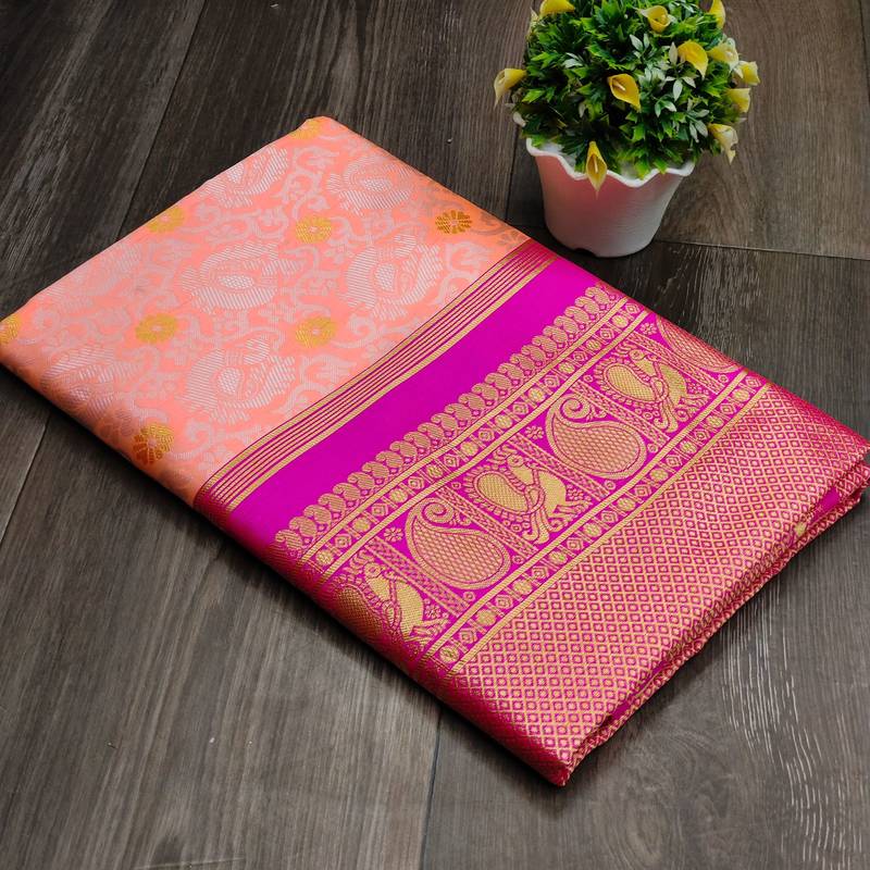 Pink soft silk blend banarasi jacuard work designer party wear saree with unstitched blouse piece
