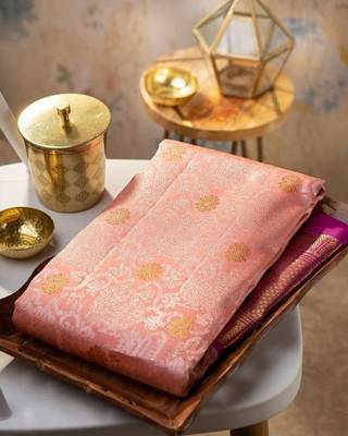 Pink silk blend banarasi saree with unstitched blouse piece 2