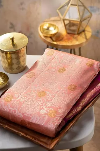 Pink silk blend banarasi saree with unstitched blouse piece
