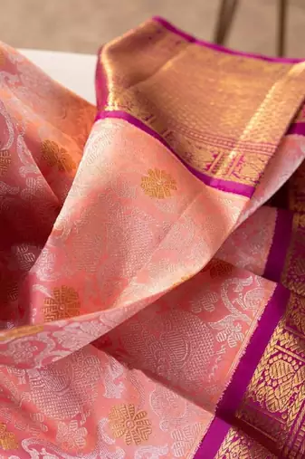 Pink silk blend banarasi saree with unstitched blouse piece