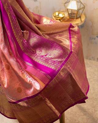 Pink silk blend banarasi saree with unstitched blouse piece 4