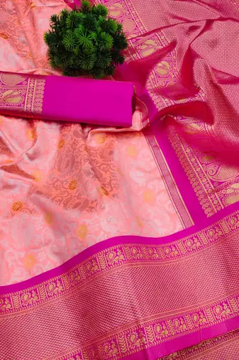 Pink silk blend banarasi saree with unstitched blouse piece
