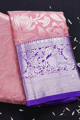 Pink lavender soft silk blend banarasi jacuard work designer party wear saree with unstitched blouse piece