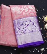 Pink lavender silk blend banarasi saree with unstitched blouse piece