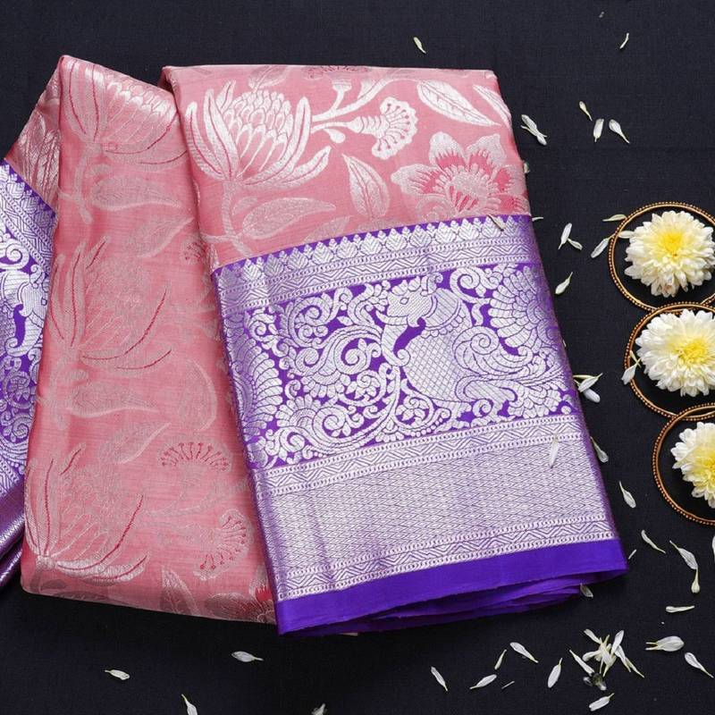 Pink lavender soft silk blend banarasi jacuard work designer party wear saree with unstitched blouse piece