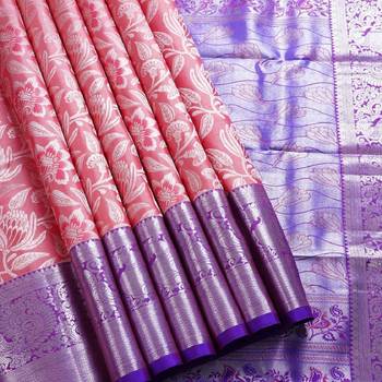 Pink lavender silk blend banarasi saree with unstitched blouse piece 3