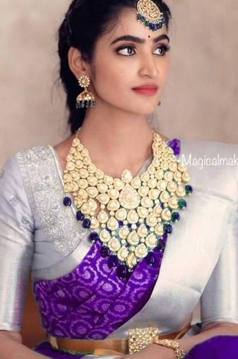 Blue grey soft silk blend banarasi jacuard work designer party wear saree with unstitched blouse piece