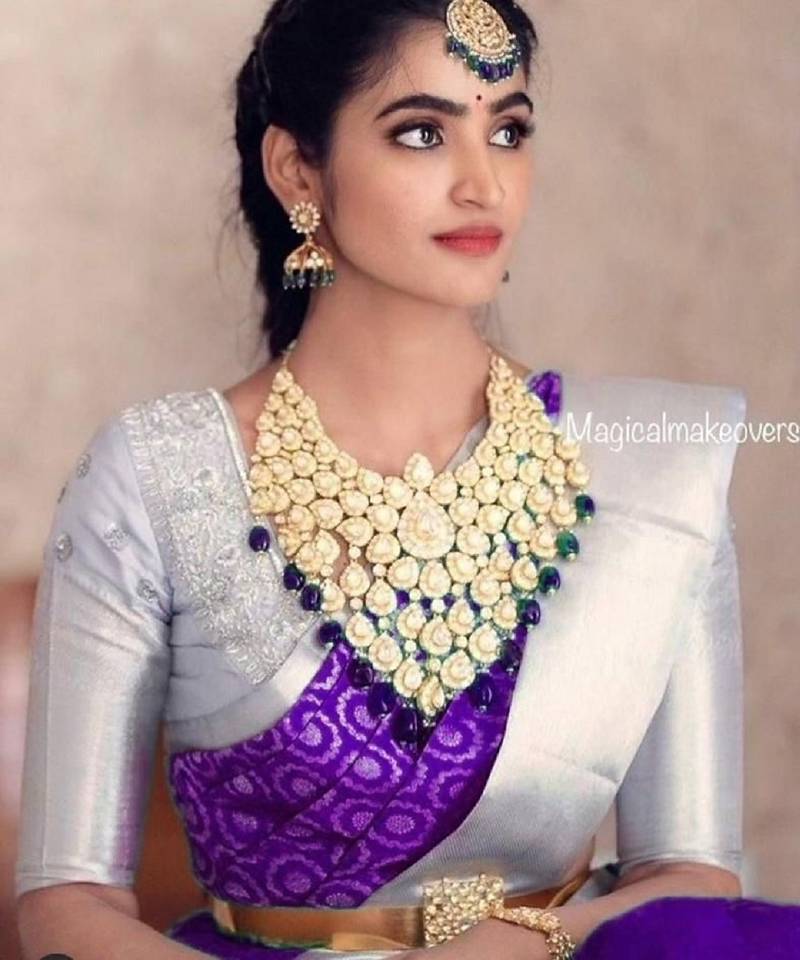 Blue grey soft silk blend banarasi jacuard work designer party wear saree with unstitched blouse piece