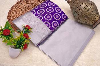 Blue grey silk blend banarasi saree with unstitched blouse piece 2