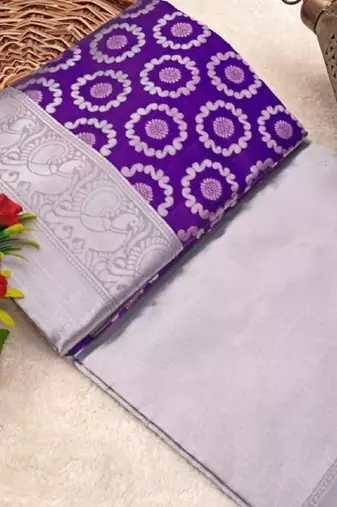Blue grey silk blend banarasi saree with unstitched blouse piece