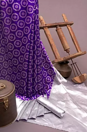 Blue grey silk blend banarasi saree with unstitched blouse piece