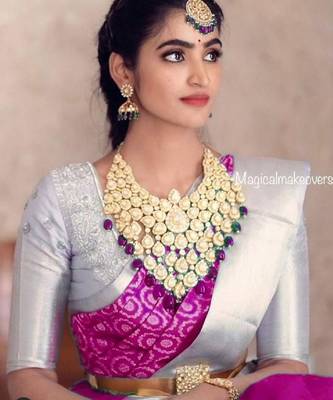 Pink grey silk blend banarasi saree with unstitched blouse piece 1