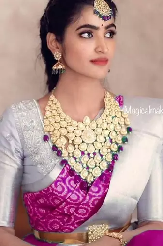 Pink grey soft silk blend banarasi jacuard work designer party wear saree with unstitched blouse piece