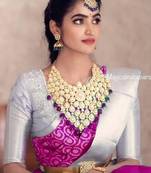 Pink grey silk blend banarasi saree with unstitched blouse piece