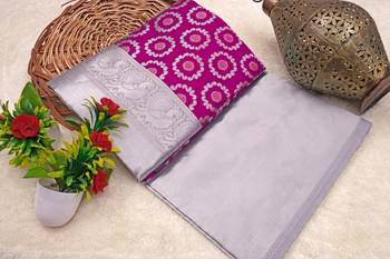 Pink grey silk blend banarasi saree with unstitched blouse piece 2