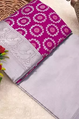 Pink grey silk blend banarasi saree with unstitched blouse piece