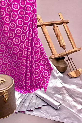 Pink grey silk blend banarasi saree with unstitched blouse piece