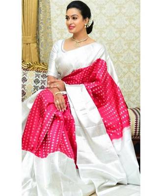 Pink silver silk blend banarasi saree with unstitched blouse piece 1