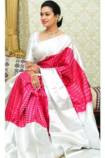 Pink silver soft silk blend banarasi jacuard work designer party wear saree with unstitched blouse piece