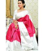Pink silver soft silk blend banarasi jacuard work designer party wear saree with unstitched blouse piece