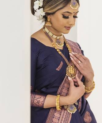 Blue silk blend banarasi saree with unstitched blouse piece 1