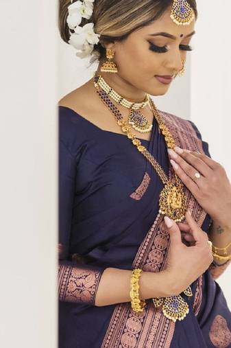 Blue soft silk blend banarasi jacuard work designer party wear saree with unstitched blouse piece