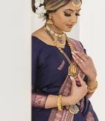 Blue silk blend banarasi saree with unstitched blouse piece