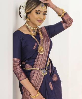 Blue silk blend banarasi saree with unstitched blouse piece 2