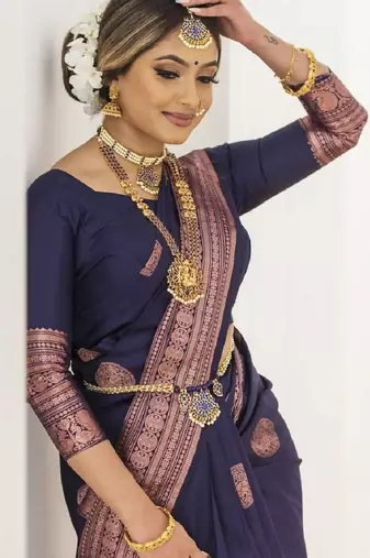 Blue silk blend banarasi saree with unstitched blouse piece