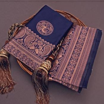 Blue silk blend banarasi saree with unstitched blouse piece 4