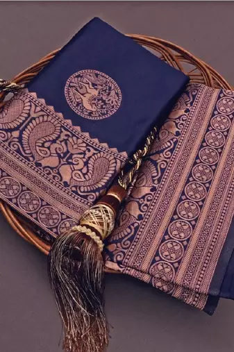Blue silk blend banarasi saree with unstitched blouse piece