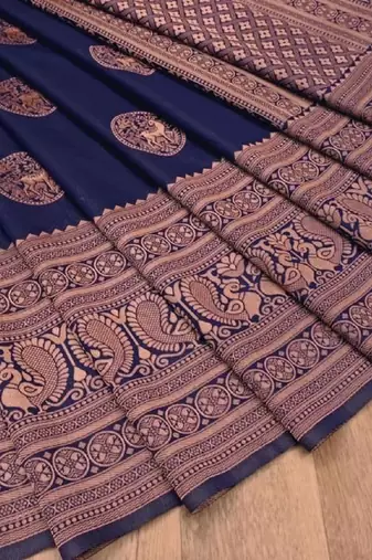 Blue silk blend banarasi saree with unstitched blouse piece