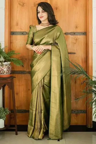 Green silk blend banarasi saree with unstitched blouse piece