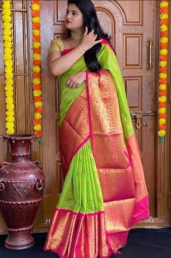 Parrot pink soft silk blend banarasi jacuard work designer party wear saree with unstitched blouse piece