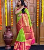 Parrot pink silk blend banarasi saree with unstitched blouse piece