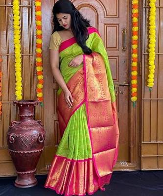 Parrot pink silk blend banarasi saree with unstitched blouse piece 2
