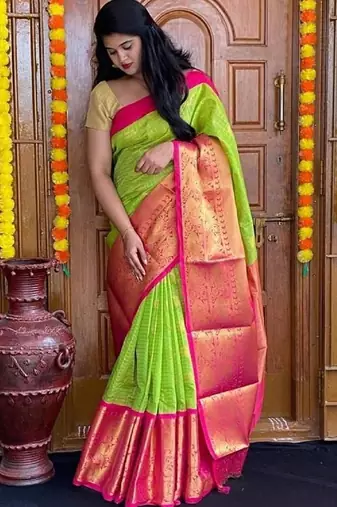 Parrot pink silk blend banarasi saree with unstitched blouse piece