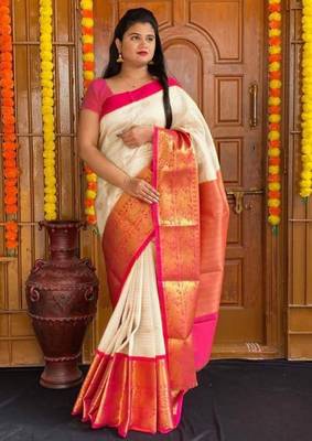 White pink silk blend banarasi saree with unstitched blouse piece 1