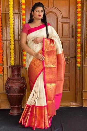 White pink soft silk blend banarasi jacuard work designer party wear saree with unstitched blouse piece