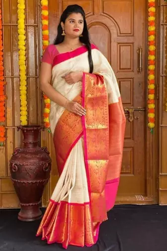 White pink soft silk blend banarasi jacuard work designer party wear saree with unstitched blouse piece