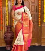 White pink silk blend banarasi saree with unstitched blouse piece