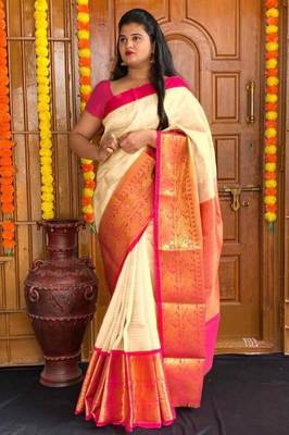 White pink silk blend banarasi saree with unstitched blouse piece 2