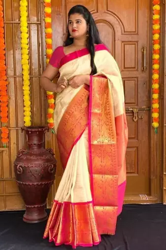 White pink silk blend banarasi saree with unstitched blouse piece